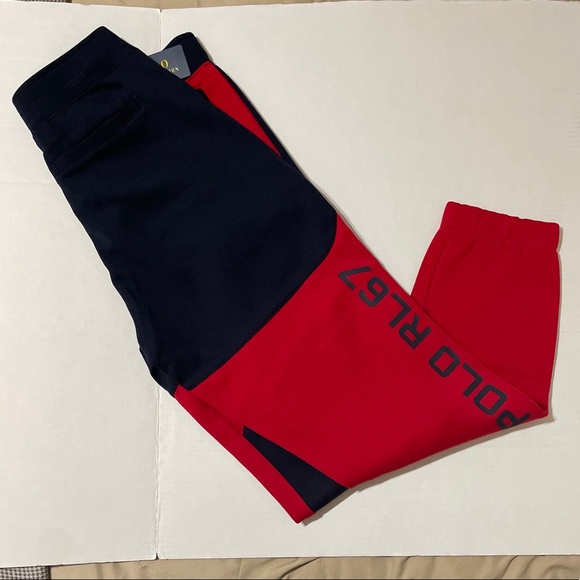 Polo Ralph Lauren RL67 Mens Double Knit Jogger Sweatpants Size M Red Navy cotton - Picture 4 of 5